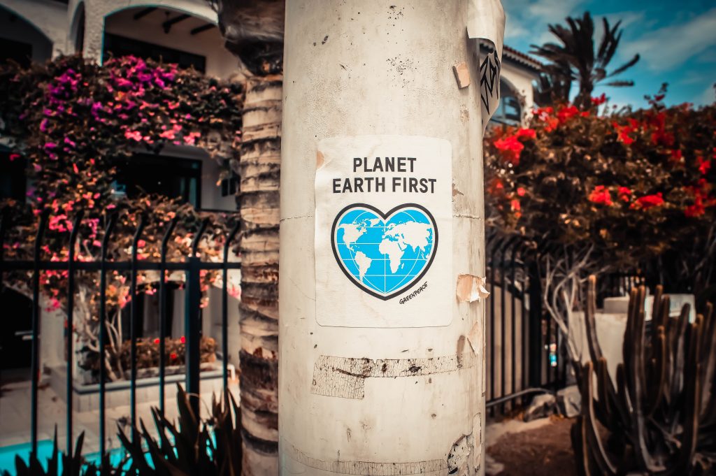 A pillar with a poster satying 'planet earth first' - a reminder of how important SDR regulation is